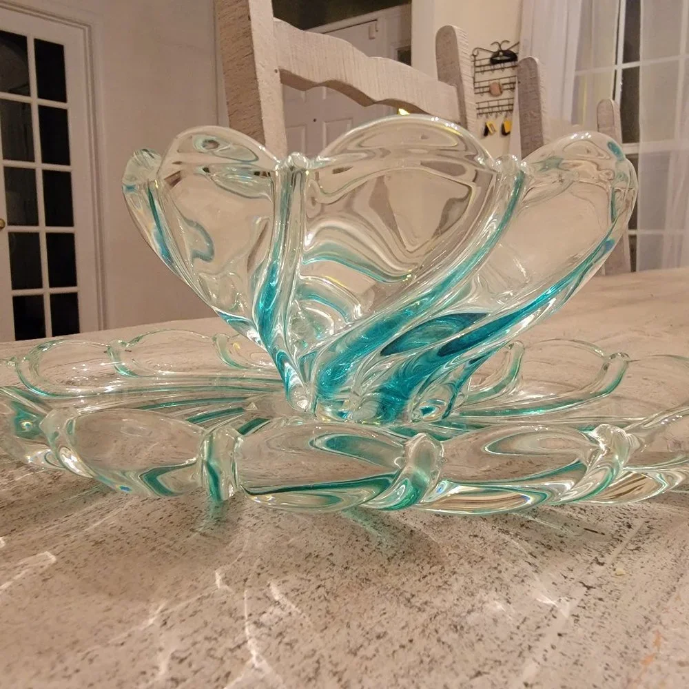 Vintage Mikasa Green "Peppermint Swirl" Oval Lead Crystal Candy Dish & Votive Se - Picture 2 of 5